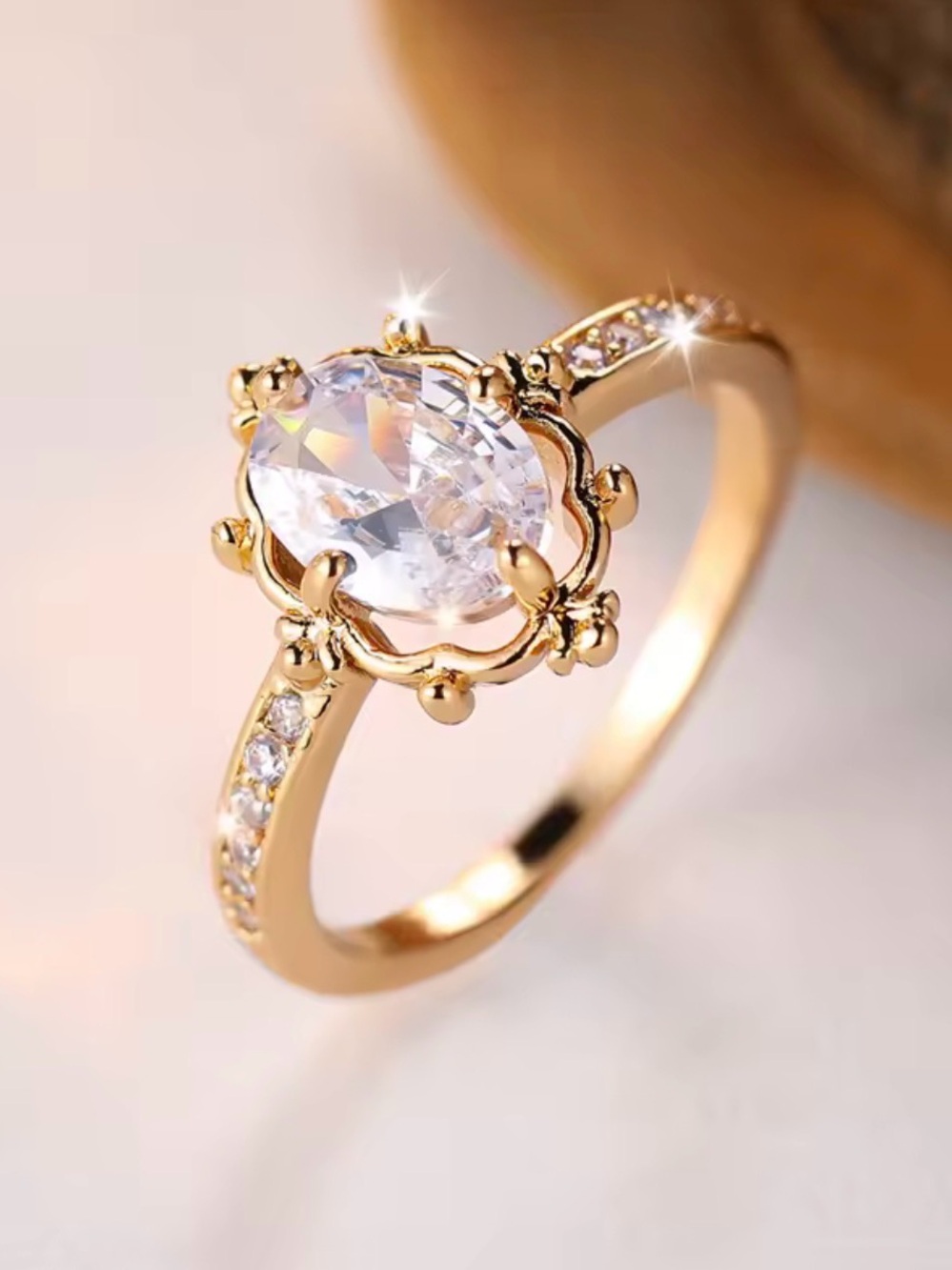 Vintage Gold-Plated Ring with Clear Oval Crystal Center - Women's Jewelry